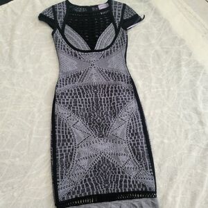 Herve Leger Black and Light Gray Knit Midi Bodycon Dress